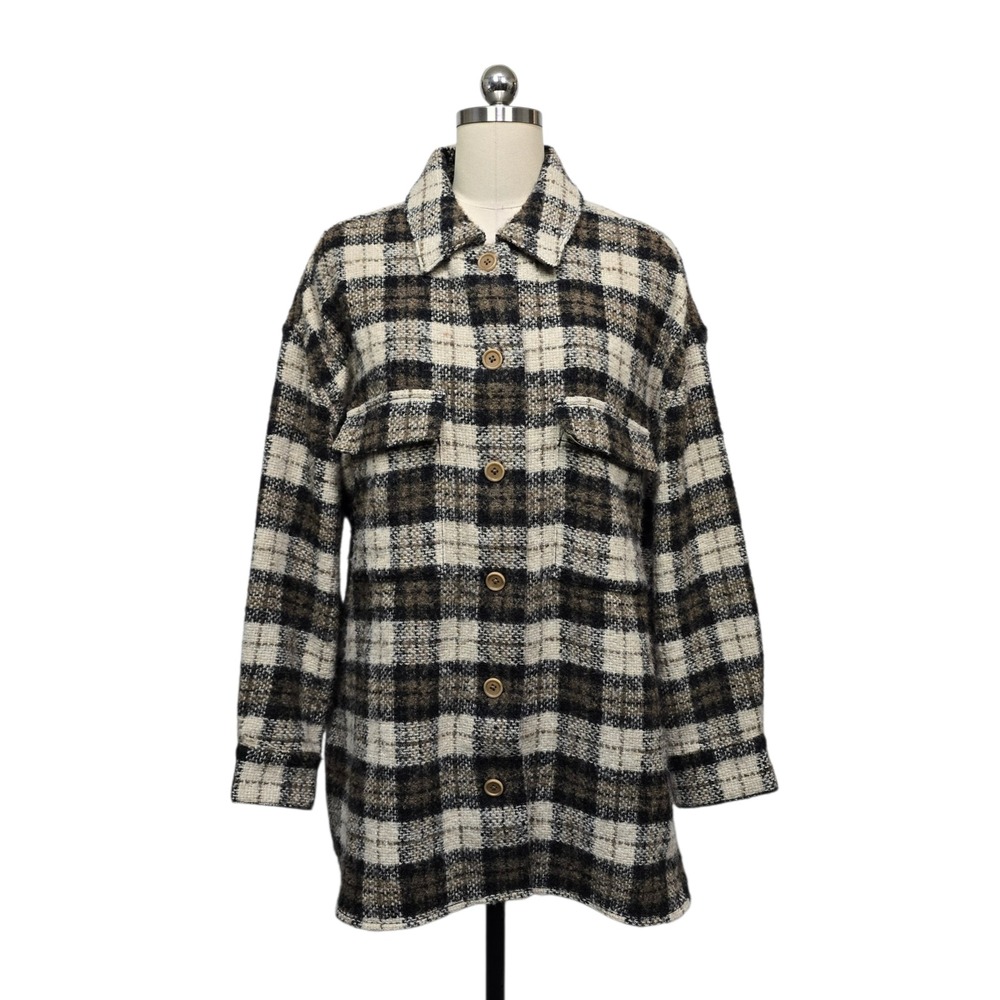 Banana Republic Womens Plaid Alpaca Wool Blend Oversized Shacket Jacket Brown L